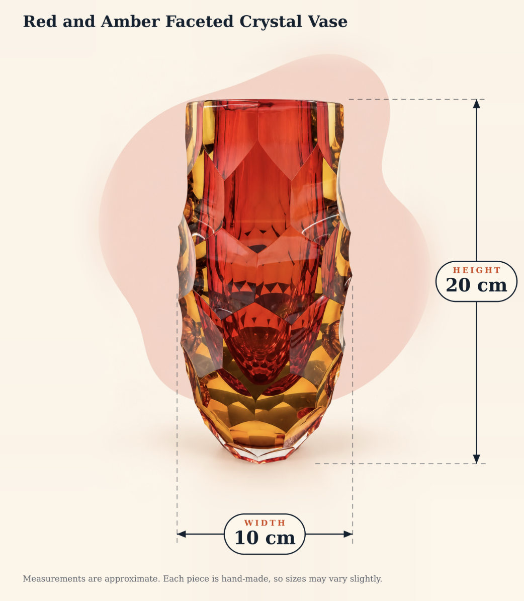 Dimensions and details for Ruby and Amber Crystal Vase