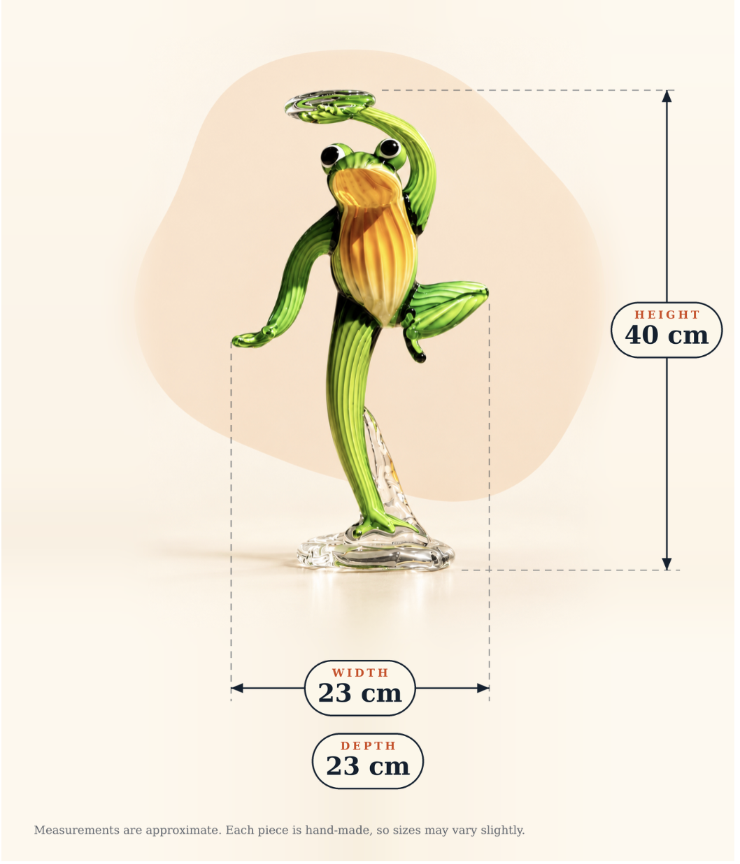 Dimensions and details for Green and Amber Glass Character Sculpture
