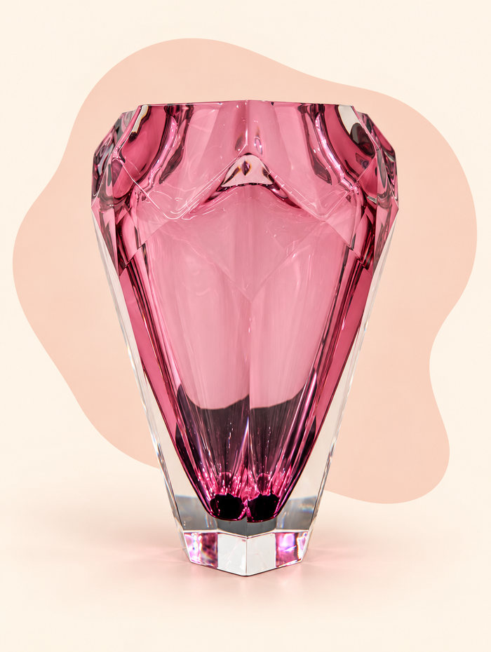 Rose pink faceted crystal vase — angle view