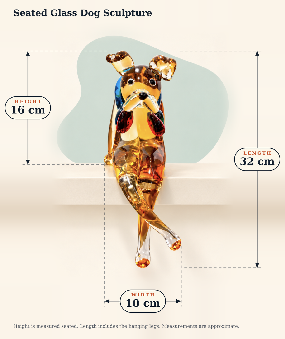 Dimensions and details for Multicolored Glass Rabbit Sculpture