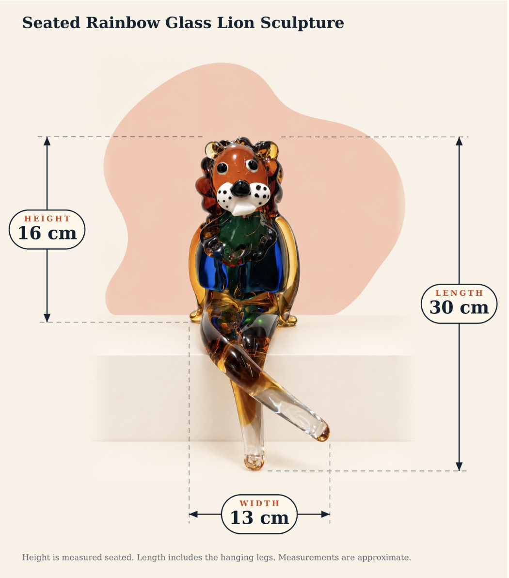 Dimensions and details for Seated Rainbow Glass Lion Sculpture