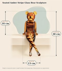Dimensions graphic for the seated amber stripe glass bear sculpture