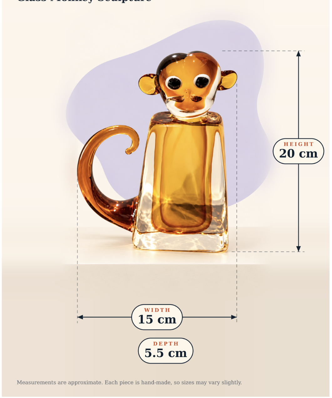 Dimensions and details for Amber Glass Monkey Sculpture