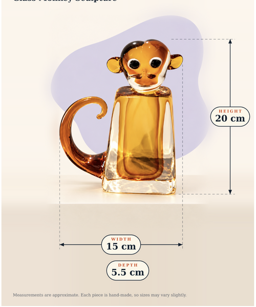 Dimensions graphic for the amber glass monkey sculpture
