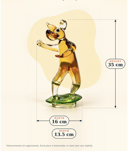 Dimensions graphic for the amber and clear glass dog sculpture