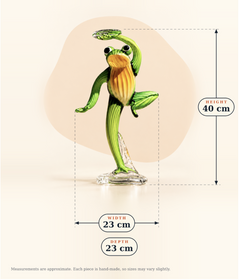 Dimensions graphic for the green and amber glass character sculpture