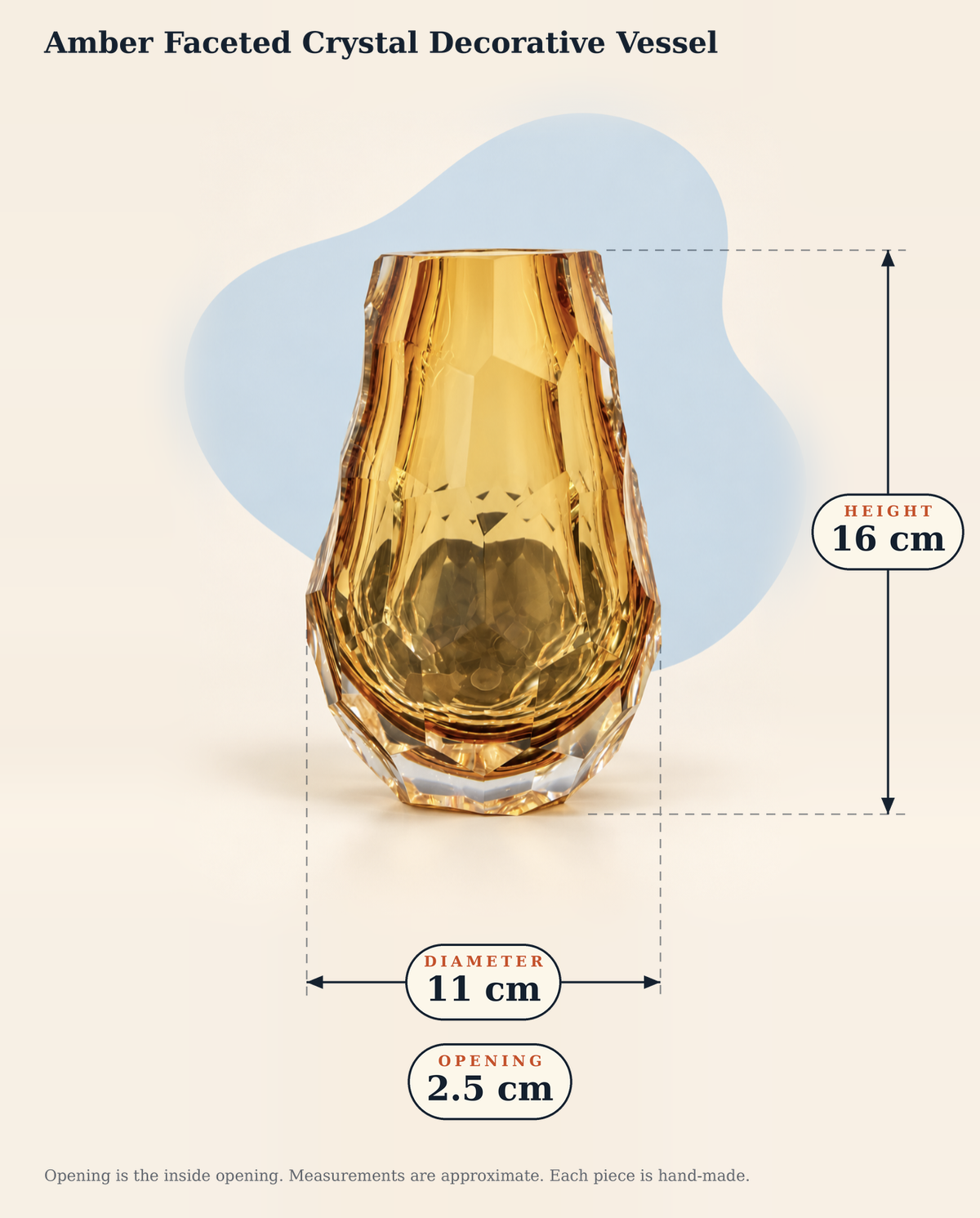 Dimensions and details for Amber Faceted Crystal Decorative Vessel