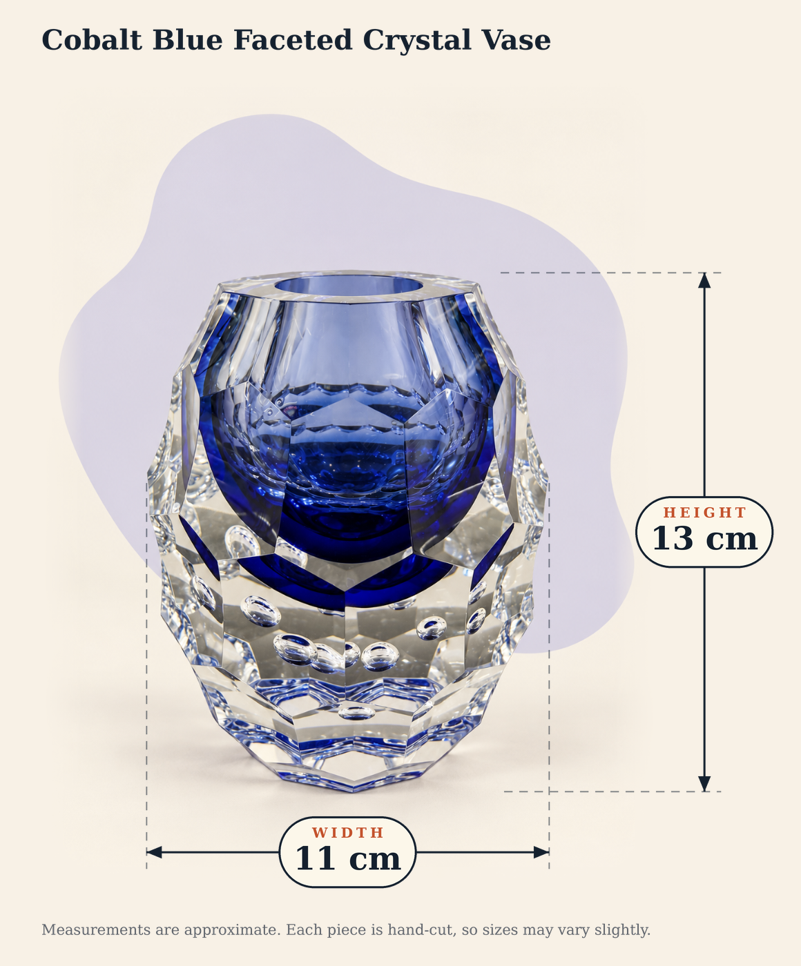 Dimensions graphic for the cobalt blue faceted crystal vase