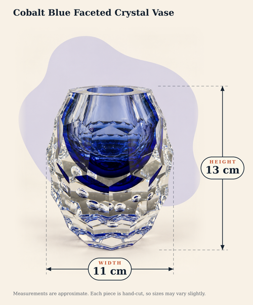Dimensions graphic for the cobalt blue faceted crystal vase