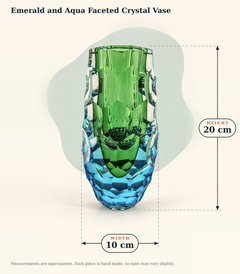 Dimensions graphic for the emerald and aqua faceted crystal vase