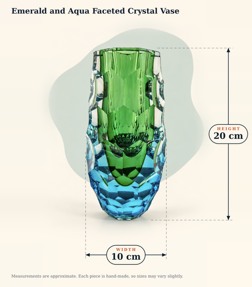 Dimensions graphic for the emerald and aqua faceted crystal vase