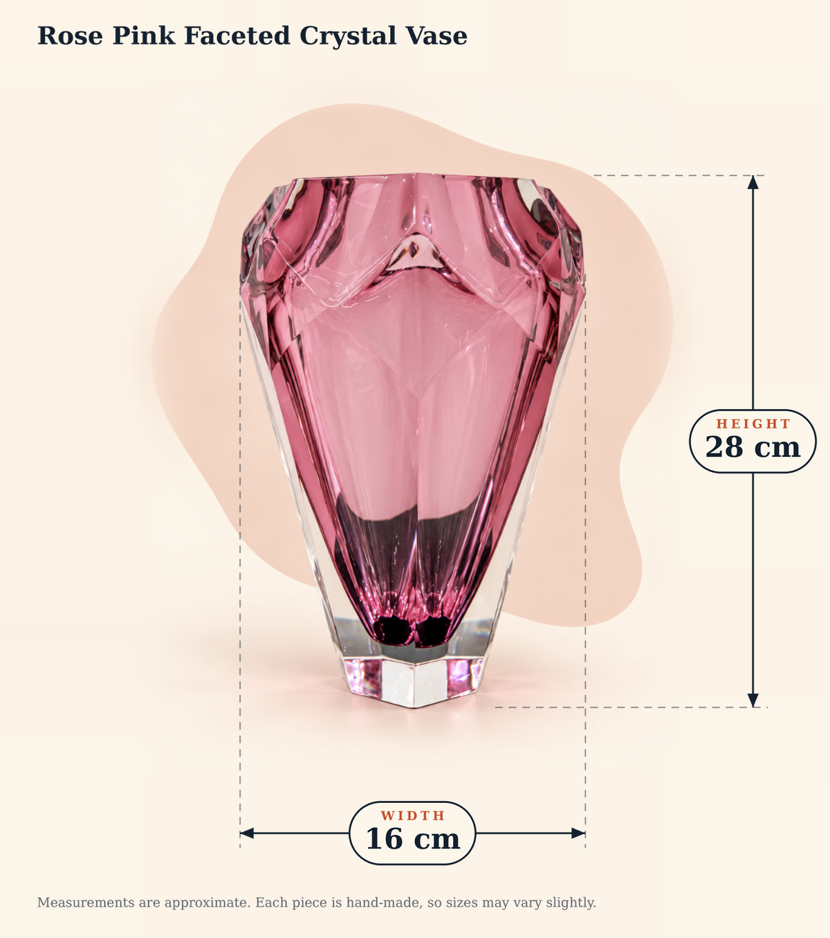 Dimensions graphic for the rose pink faceted crystal vase