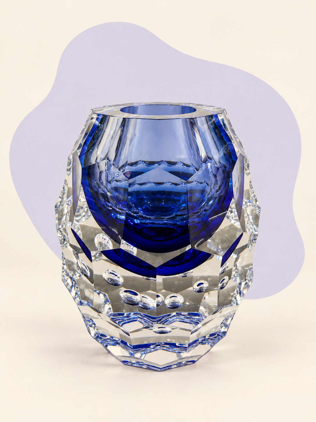 Cobalt blue faceted crystal vase — close-up