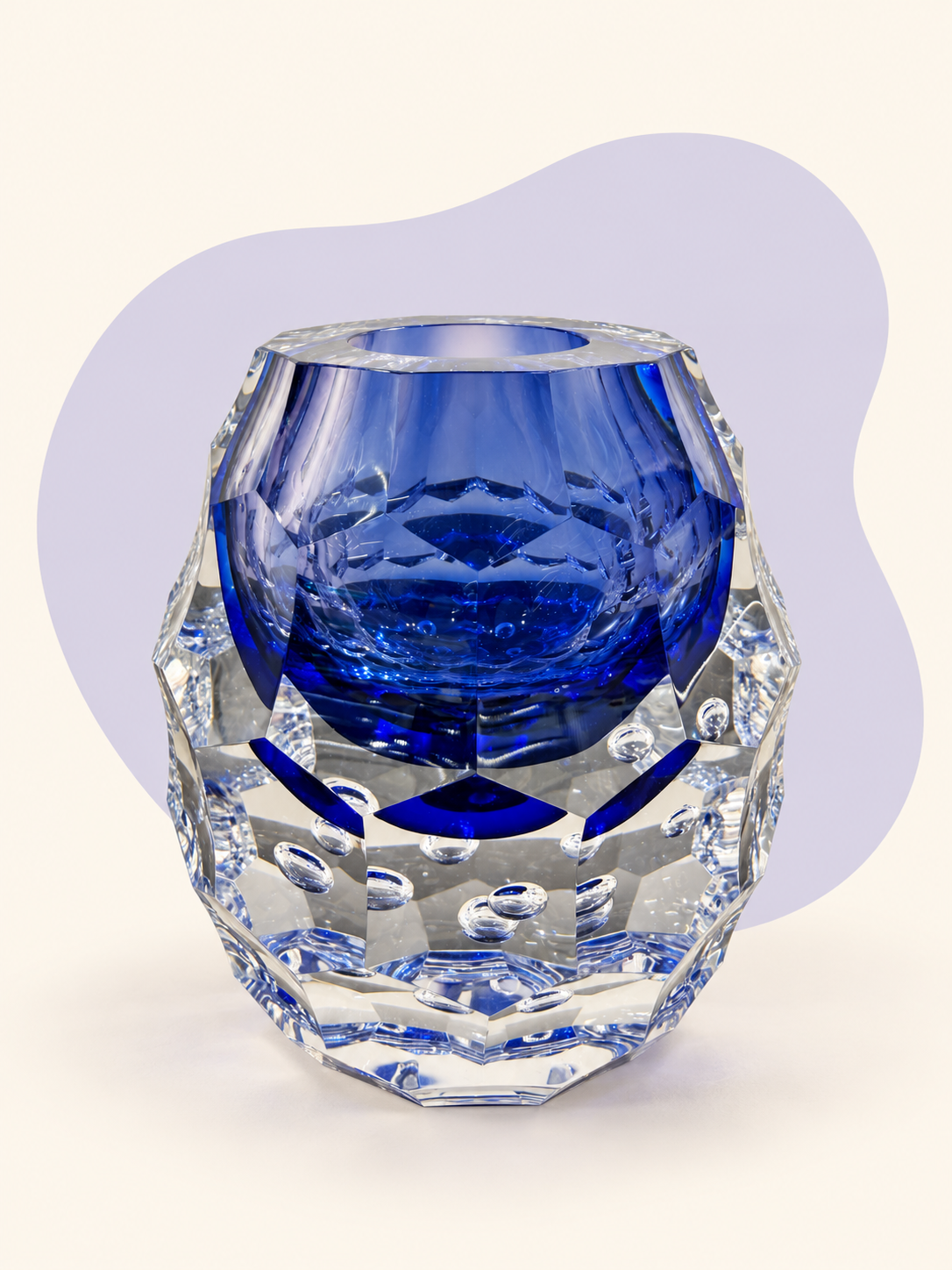 Cobalt blue faceted crystal vase — top view