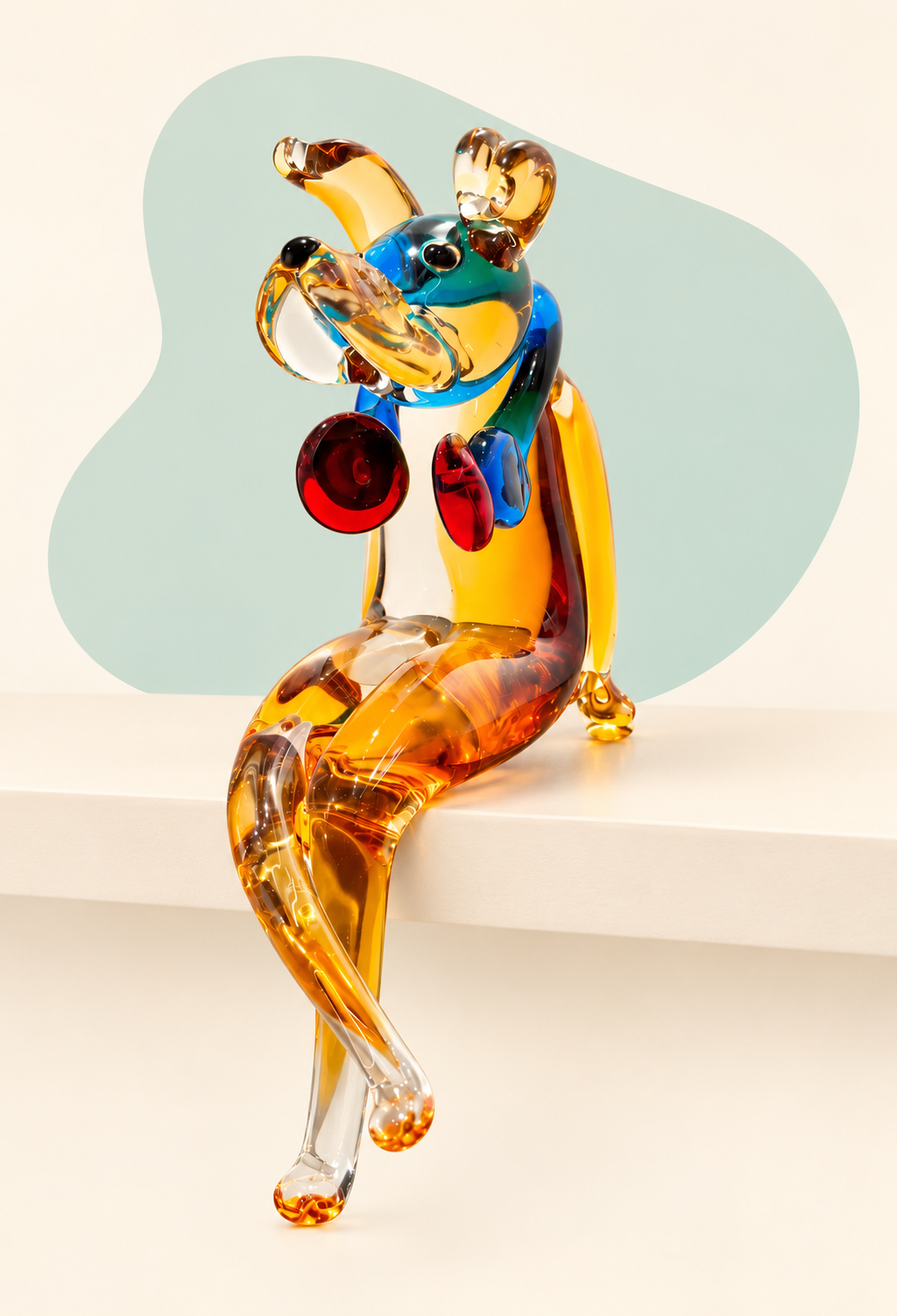 Multicolored glass rabbit sculpture angle view