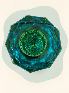Emerald and aqua faceted crystal vase — detail view