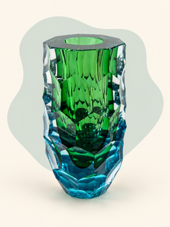 Emerald and aqua faceted crystal vase — angle view