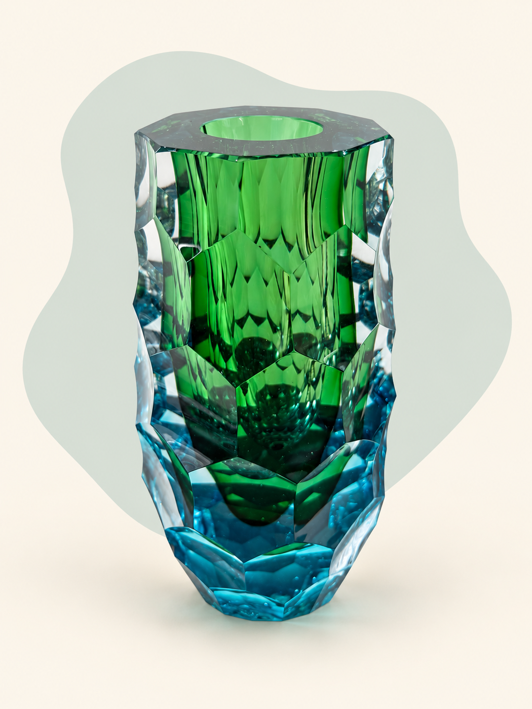 Emerald and aqua faceted crystal vase — angle view