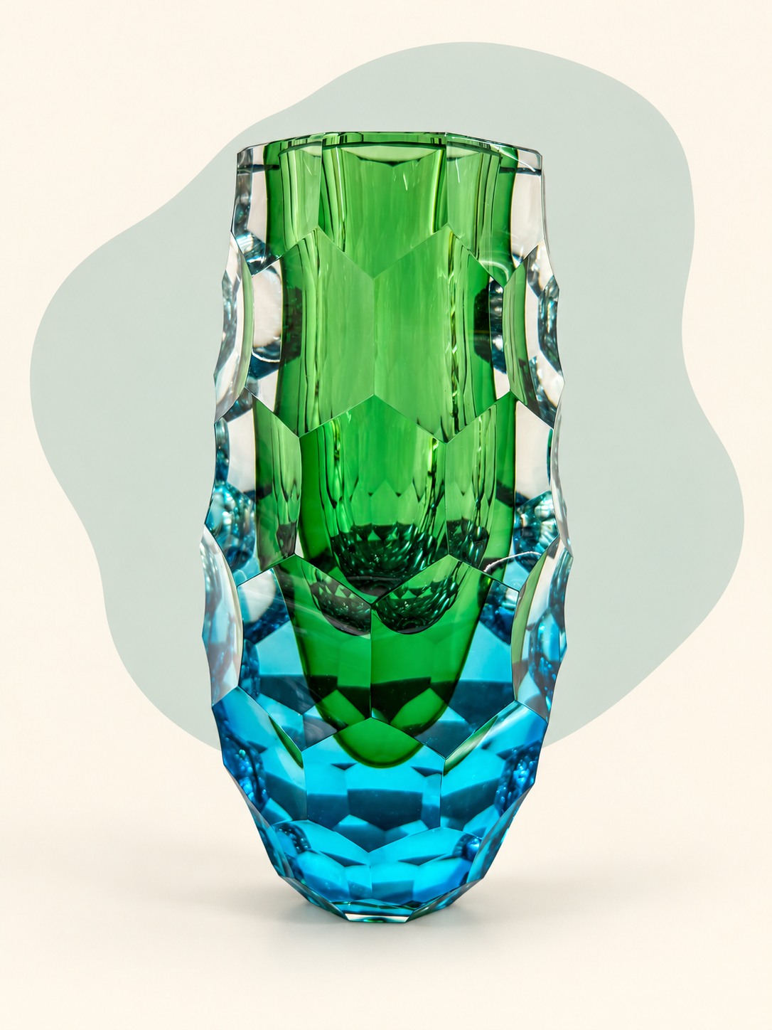 Emerald and aqua faceted crystal vase — base view