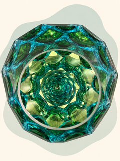 Emerald and aqua faceted crystal vase — front view
