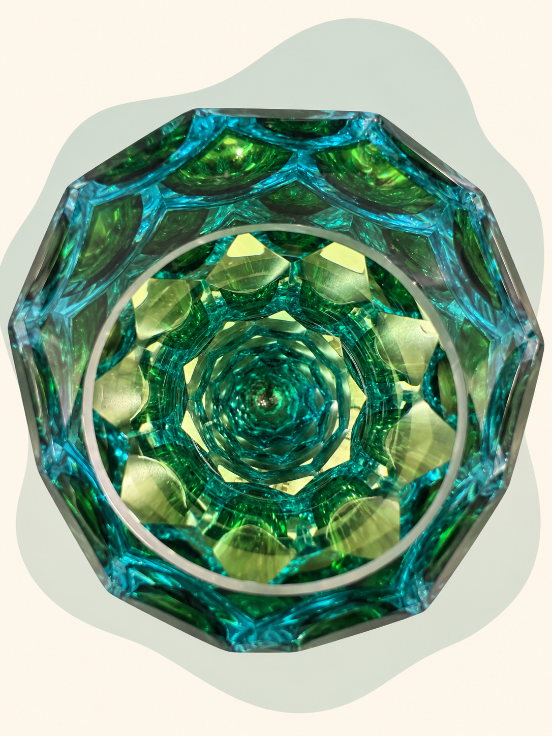 Emerald and aqua faceted crystal vase — front view