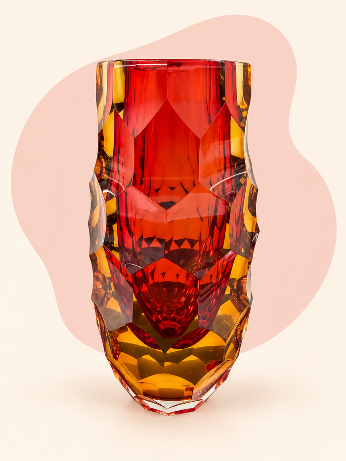 Ruby and amber crystal vase — front view