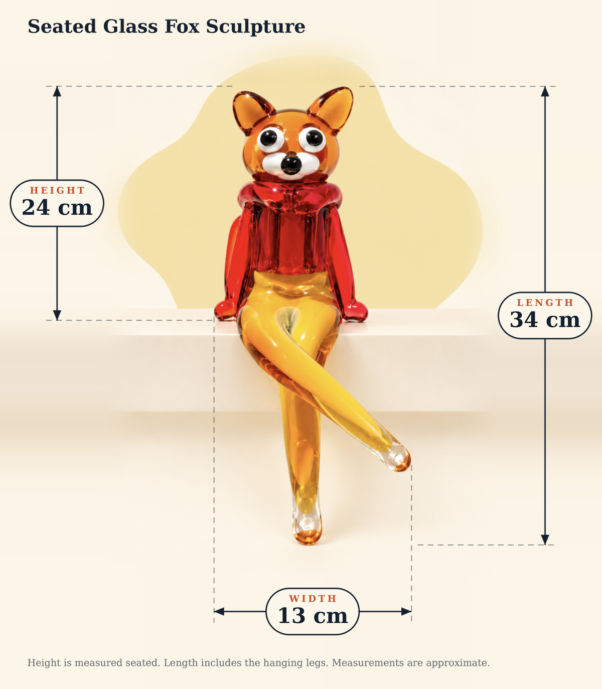 Dimensions and details for Seated Glass Fox Sculpture