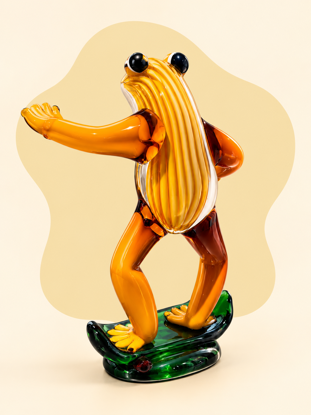 Glass frog on skateboard sculpture — angle view